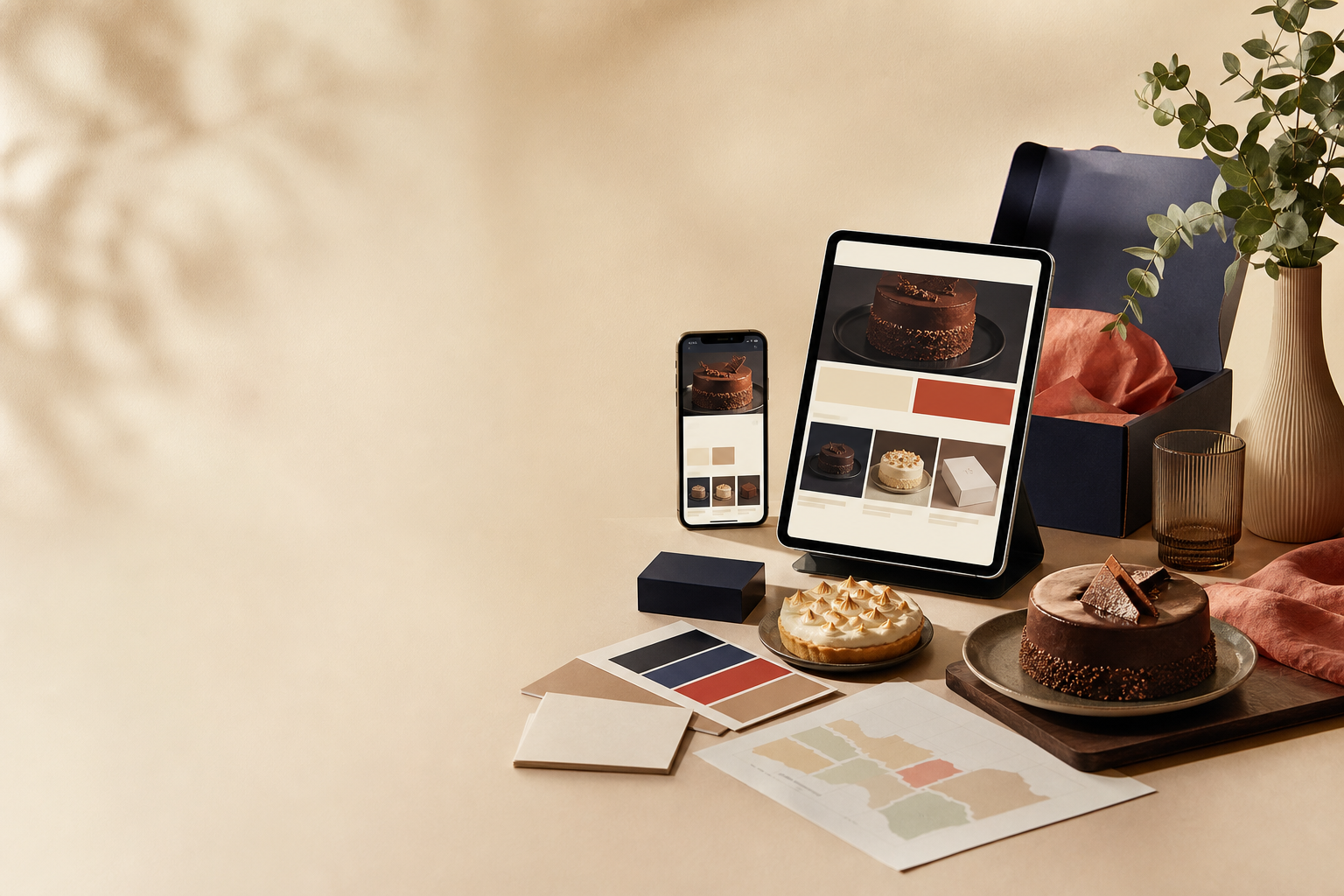 Experiencia premium de ecommerce de repostería en celular con productos, empaque y checkout