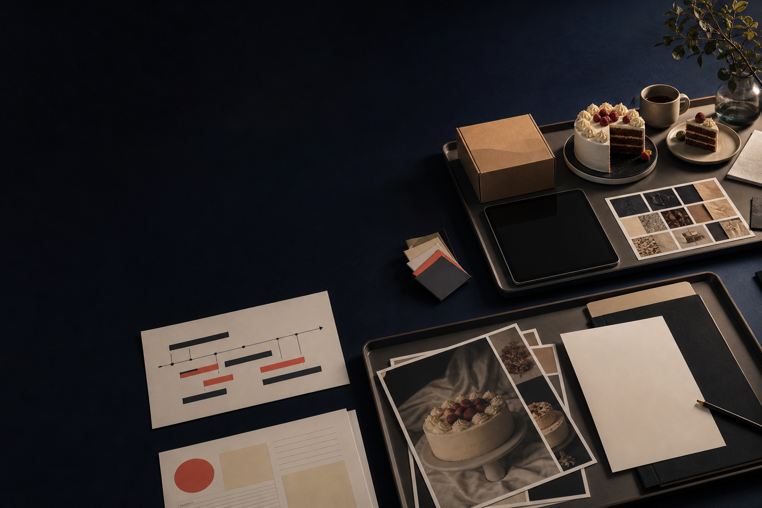 Mesa de trabajo con cronograma, catálogo y alcance comercial para la implementación de Kling Cake