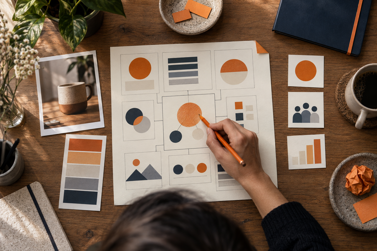 Mesa editorial donde una solicitud de ecommerce se organiza antes de producir