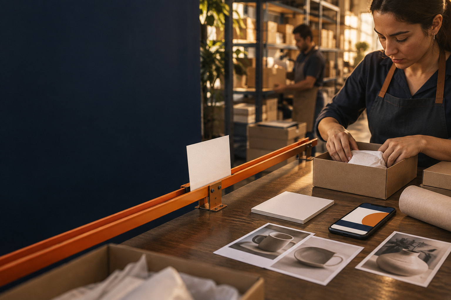 Operación de ecommerce con una persona preparando pedidos en un espacio de trabajo cálido