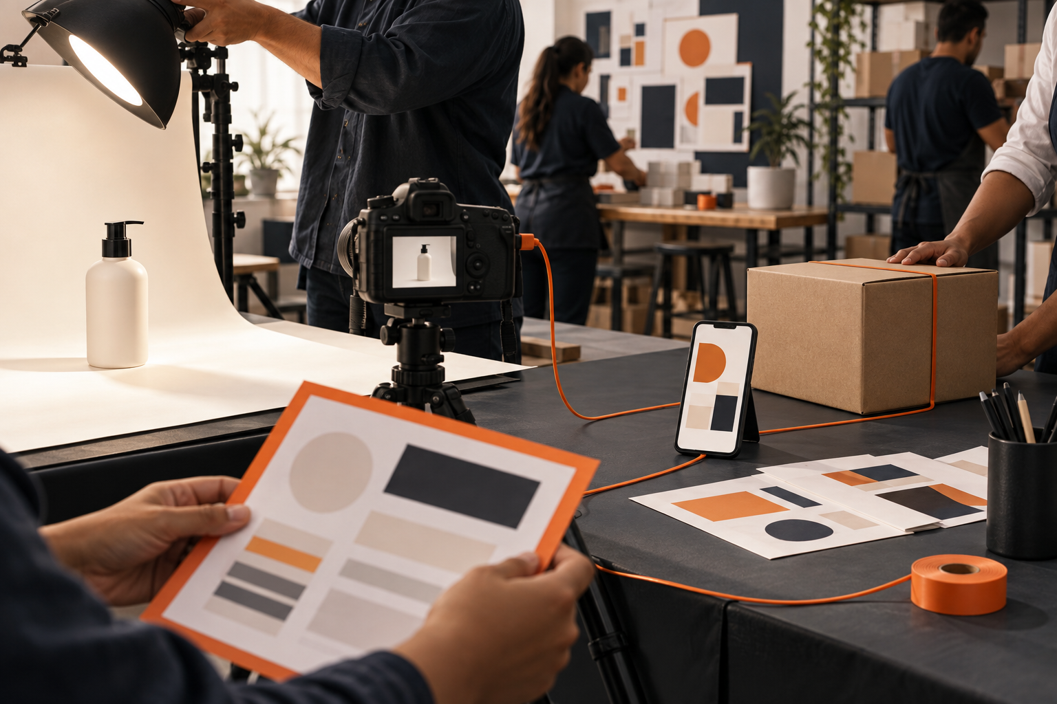 Equipo produciendo fotografía y contenido para una operación de ecommerce
