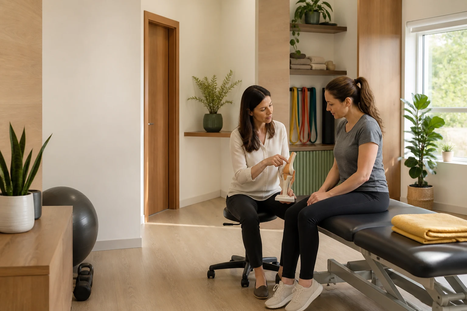 Physiotherapist explaining a knee joint model to a patient in an Ontario clinic