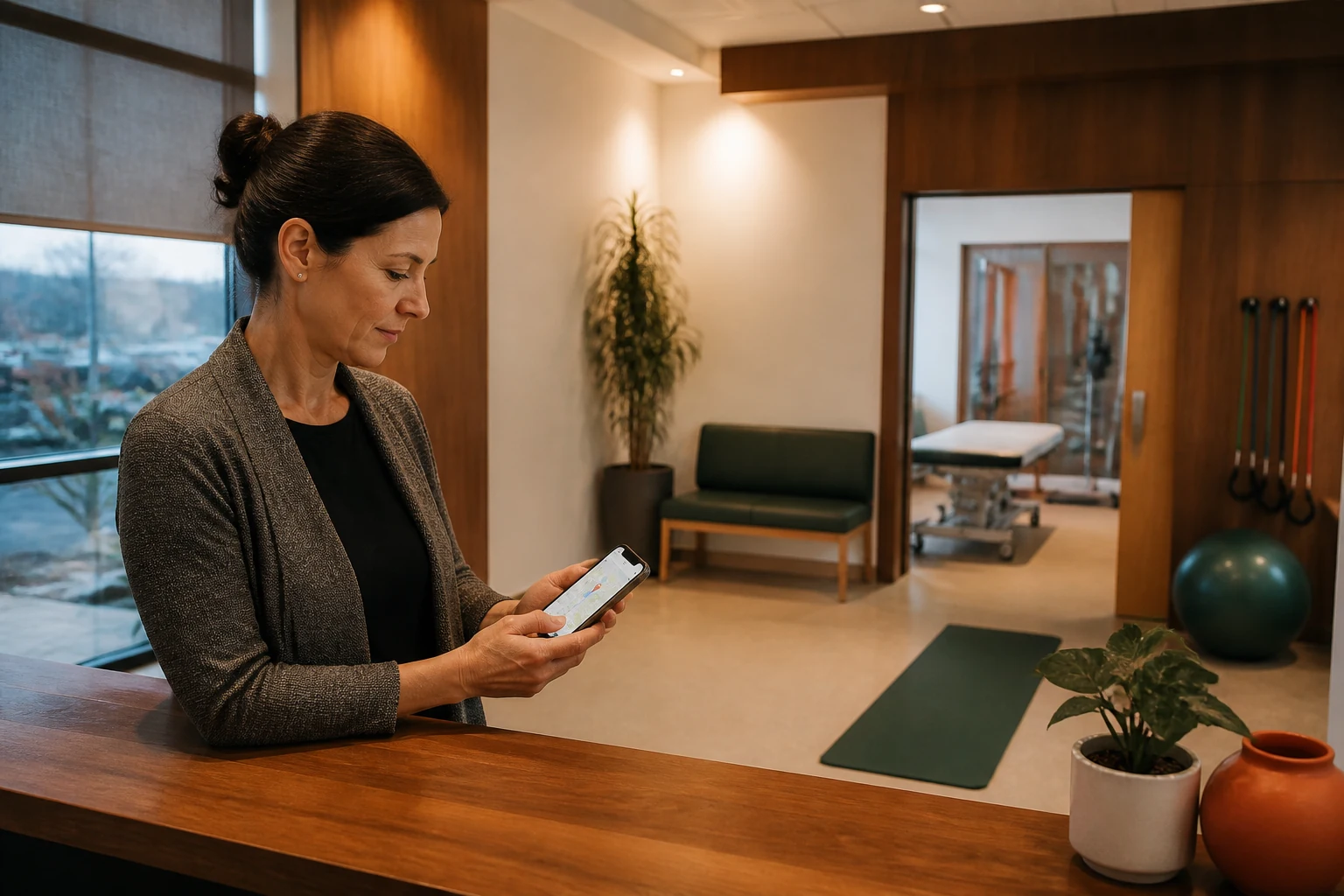 Physiotherapy clinic owner reviewing local search information on a smartphone