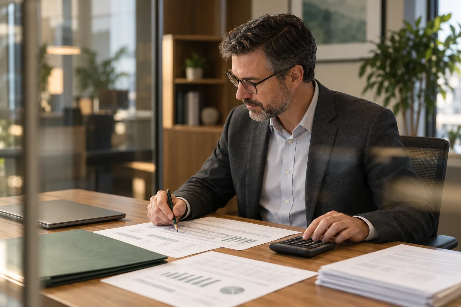 Accountant reviewing abstracted financial schedules with a calculator in a modern office