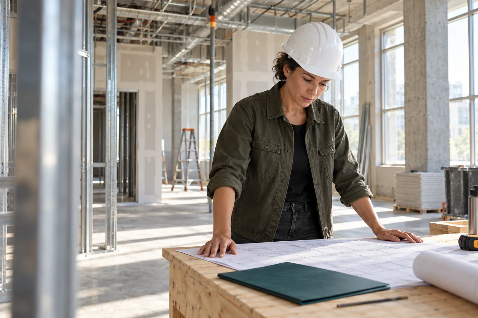 Construction project lead reviewing plans at a commercial renovation site