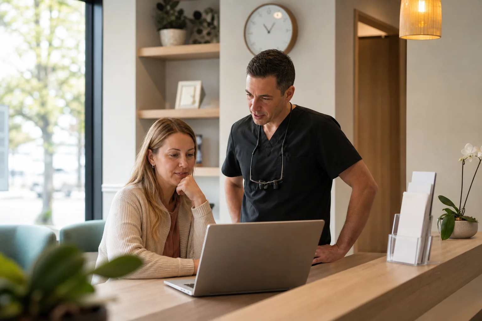 Dental practice manager and dentist reviewing clinic information on a laptop