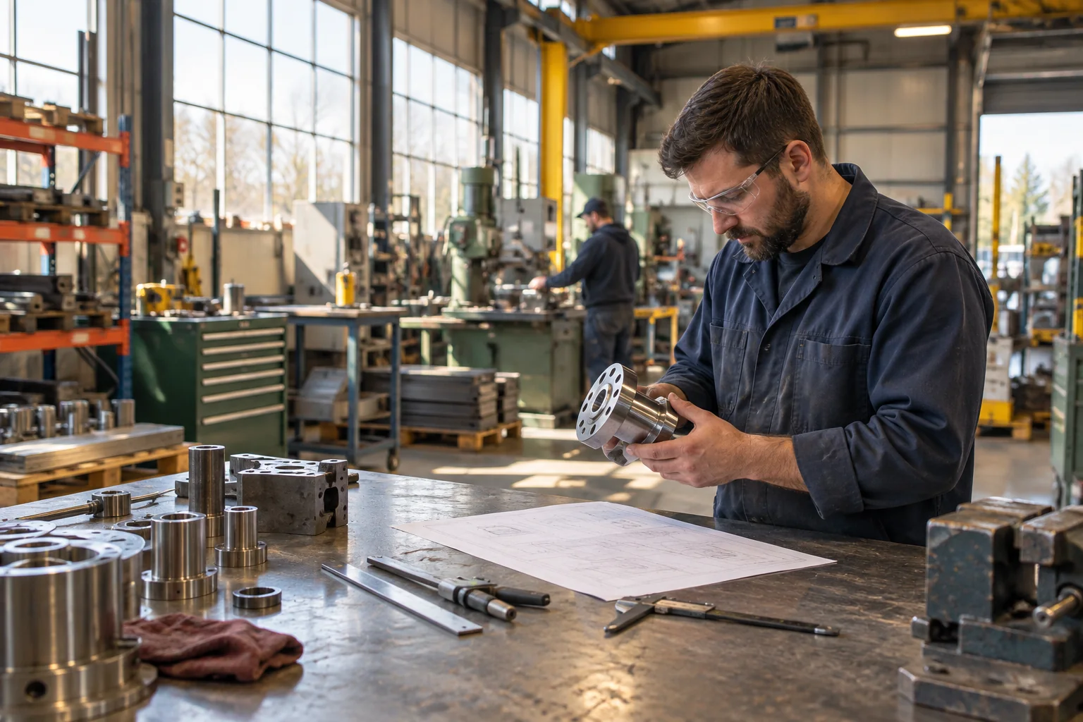 Technician inspecting a machined component beside technical drawings in an industrial workshop