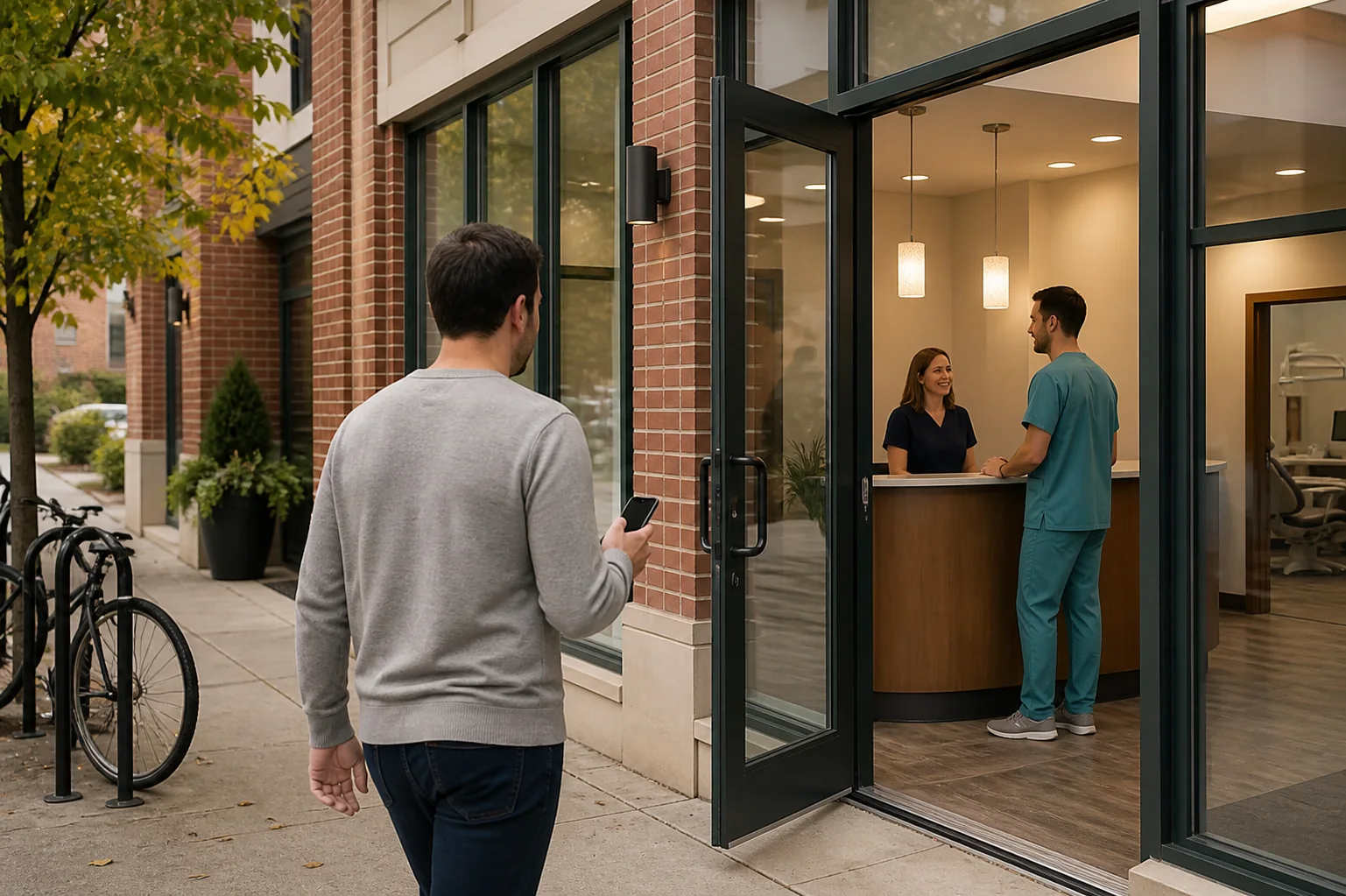 Prospective patient using a smartphone while approaching a neighbourhood dental practice