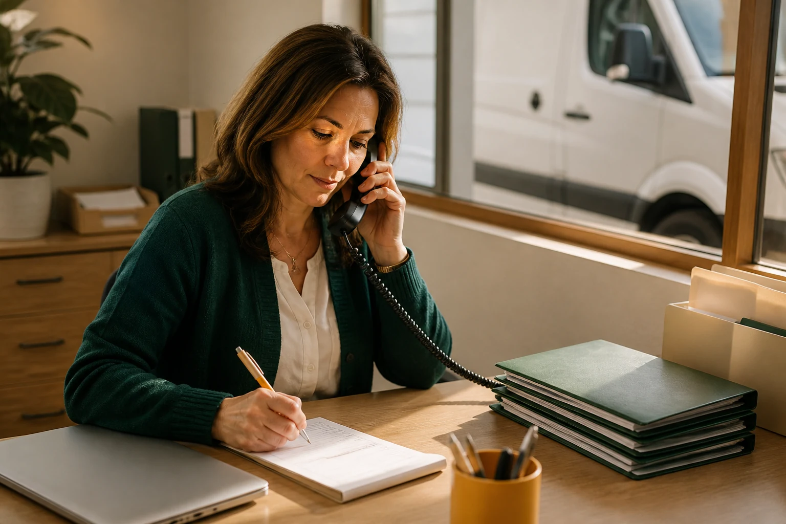 Service coordinator answering a customer call and recording the inquiry on a paper schedule
