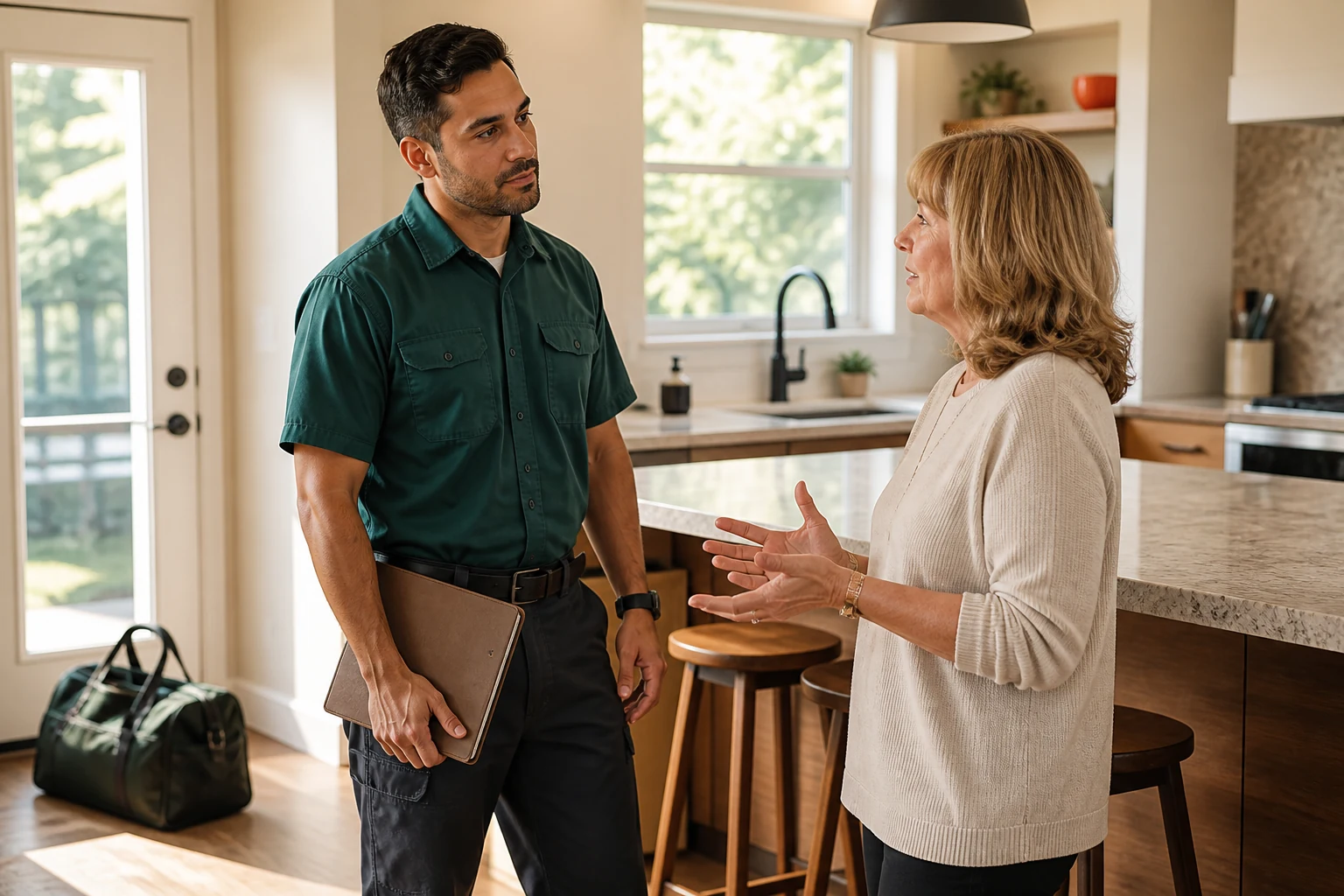 Plumber listening to a homeowner in a bright kitchen before discussing the service request