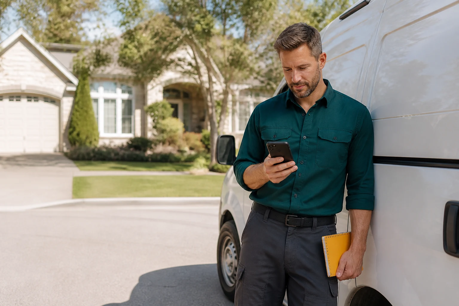 Plumbing business owner reviewing a customer inquiry beside an unbranded service van