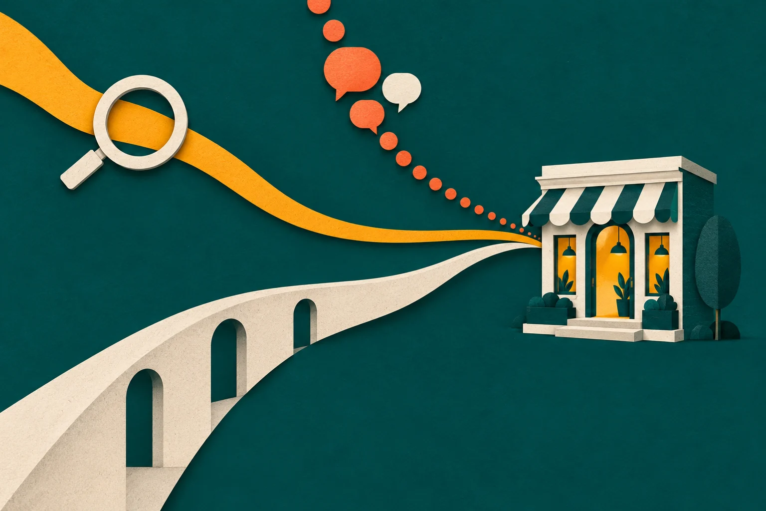 Illustrated search and conversation paths lead to a service business, representing discovery and buyer trust