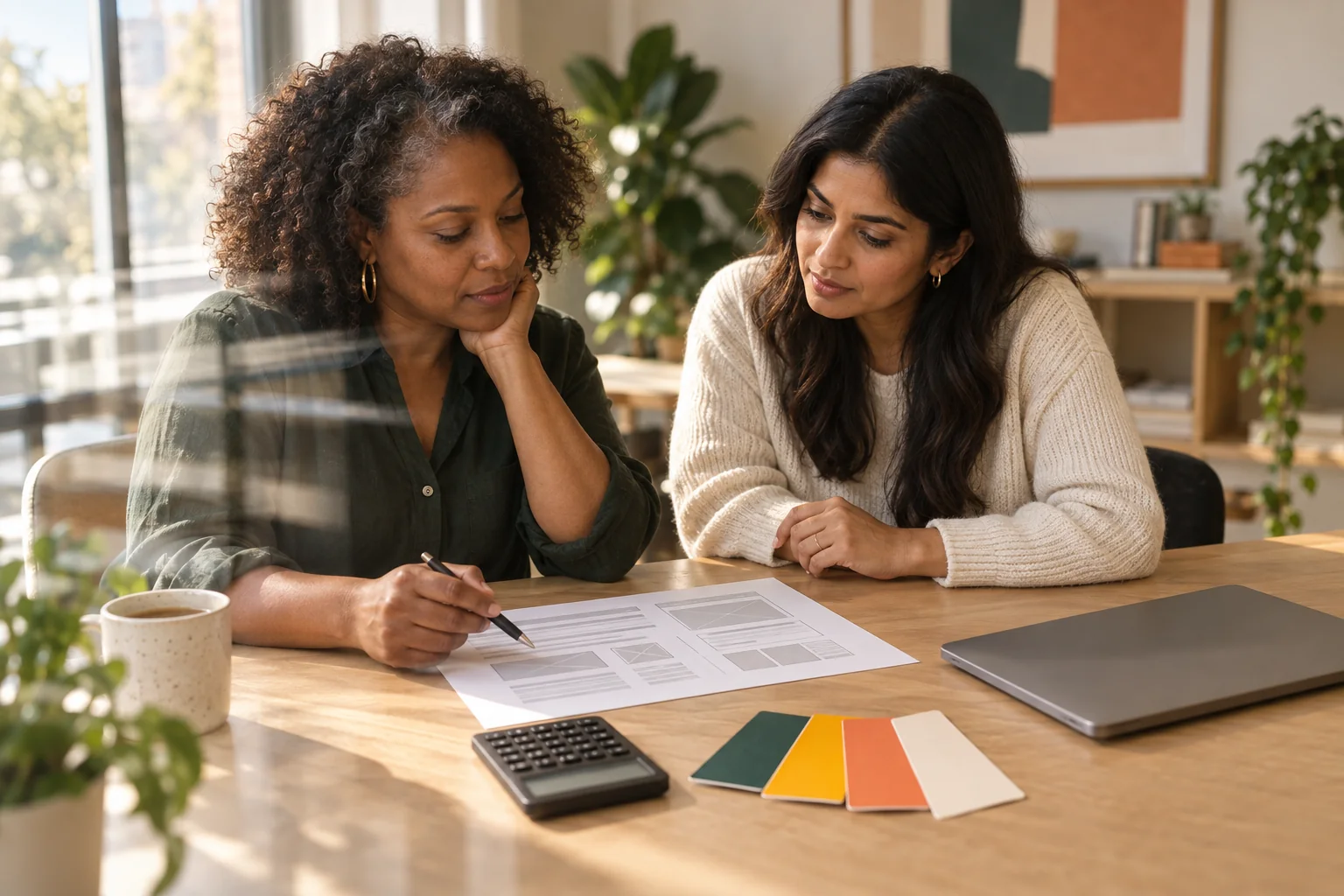 Two website professionals reviewing wireframes, a calculator and brand colour swatches
