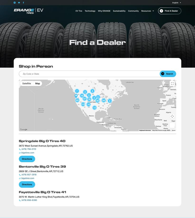 After: ERANGE Find a Dealer page with the heading, ZIP code or state search, map and visible location listings