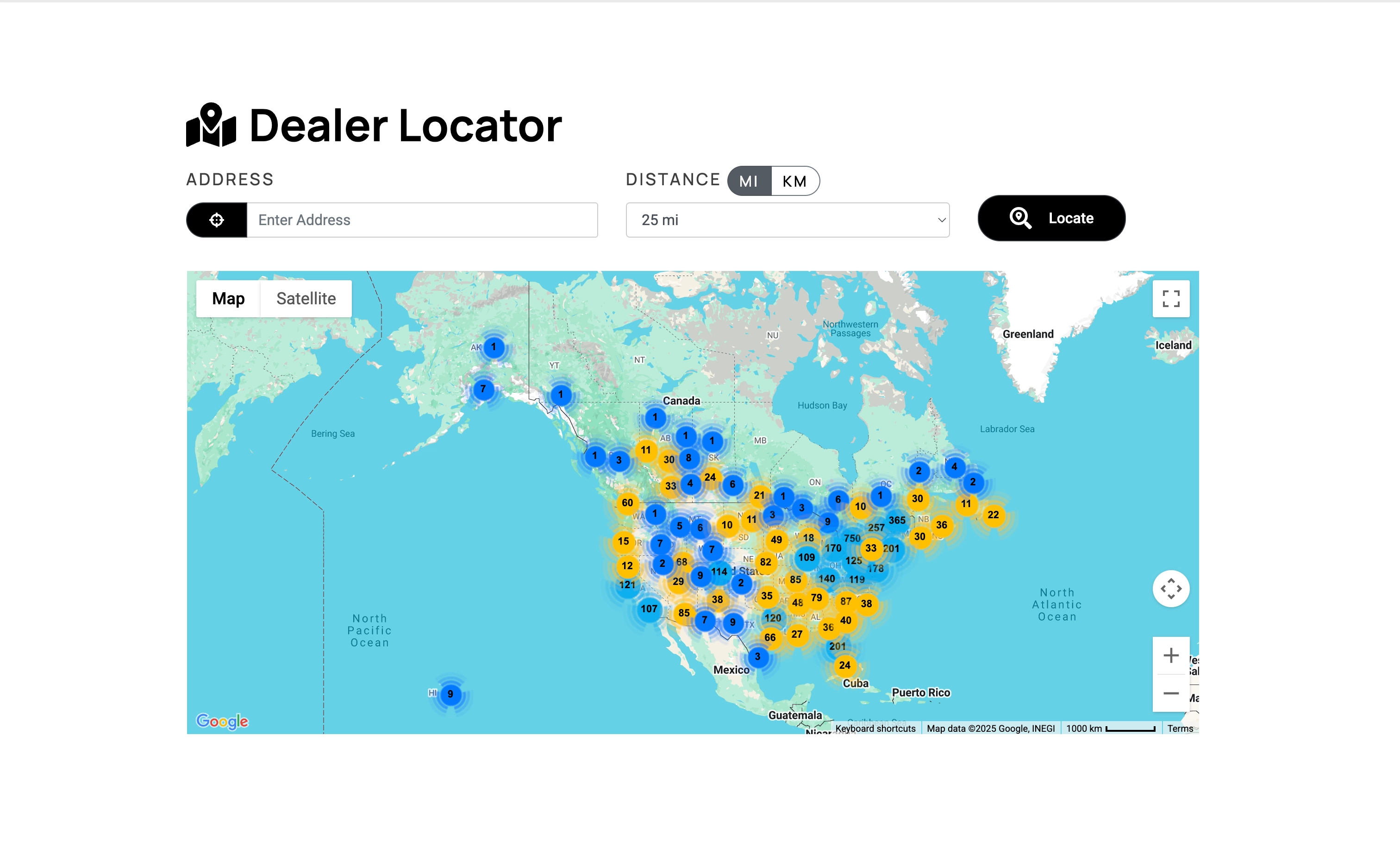 Before: ERANGE Dealer Locator with address and distance controls above a clustered North America map
