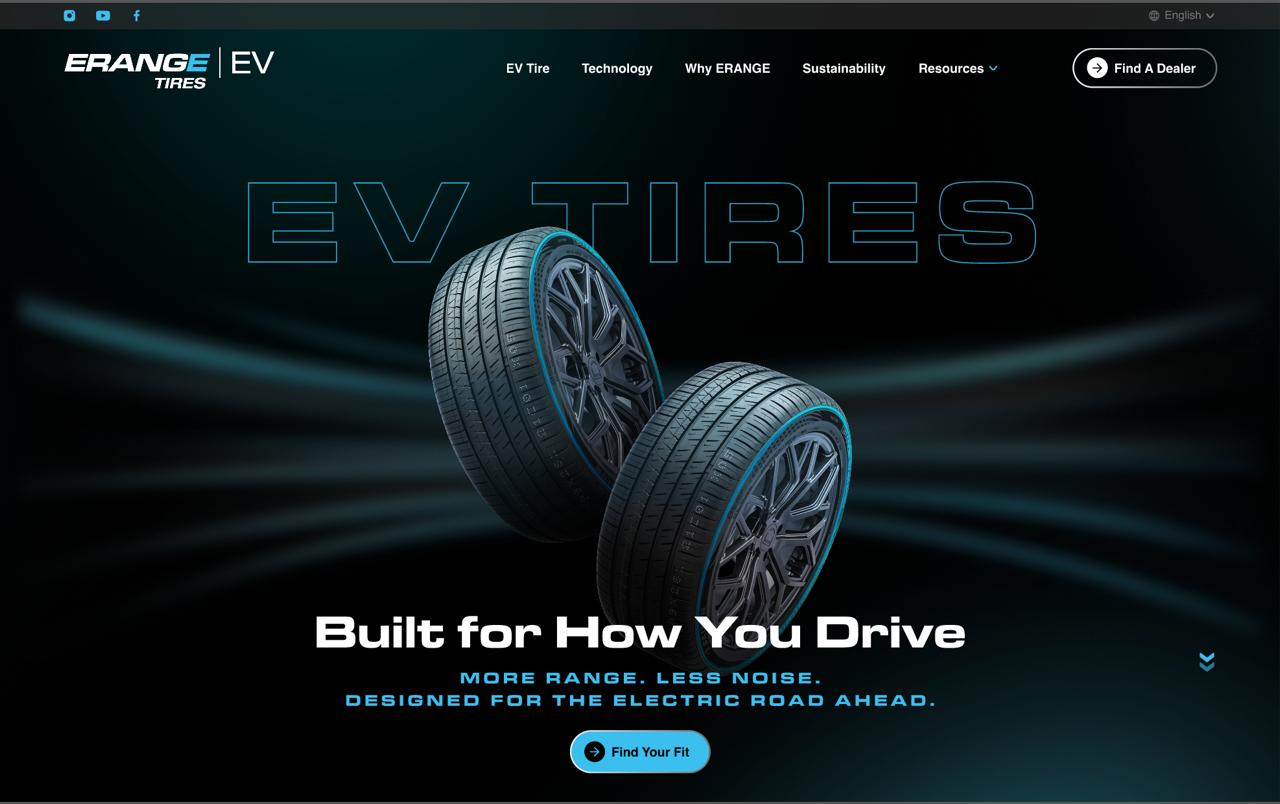 After: refreshed ERANGE EV homepage with two tires, the Built for How You Drive headline and product-focused navigation