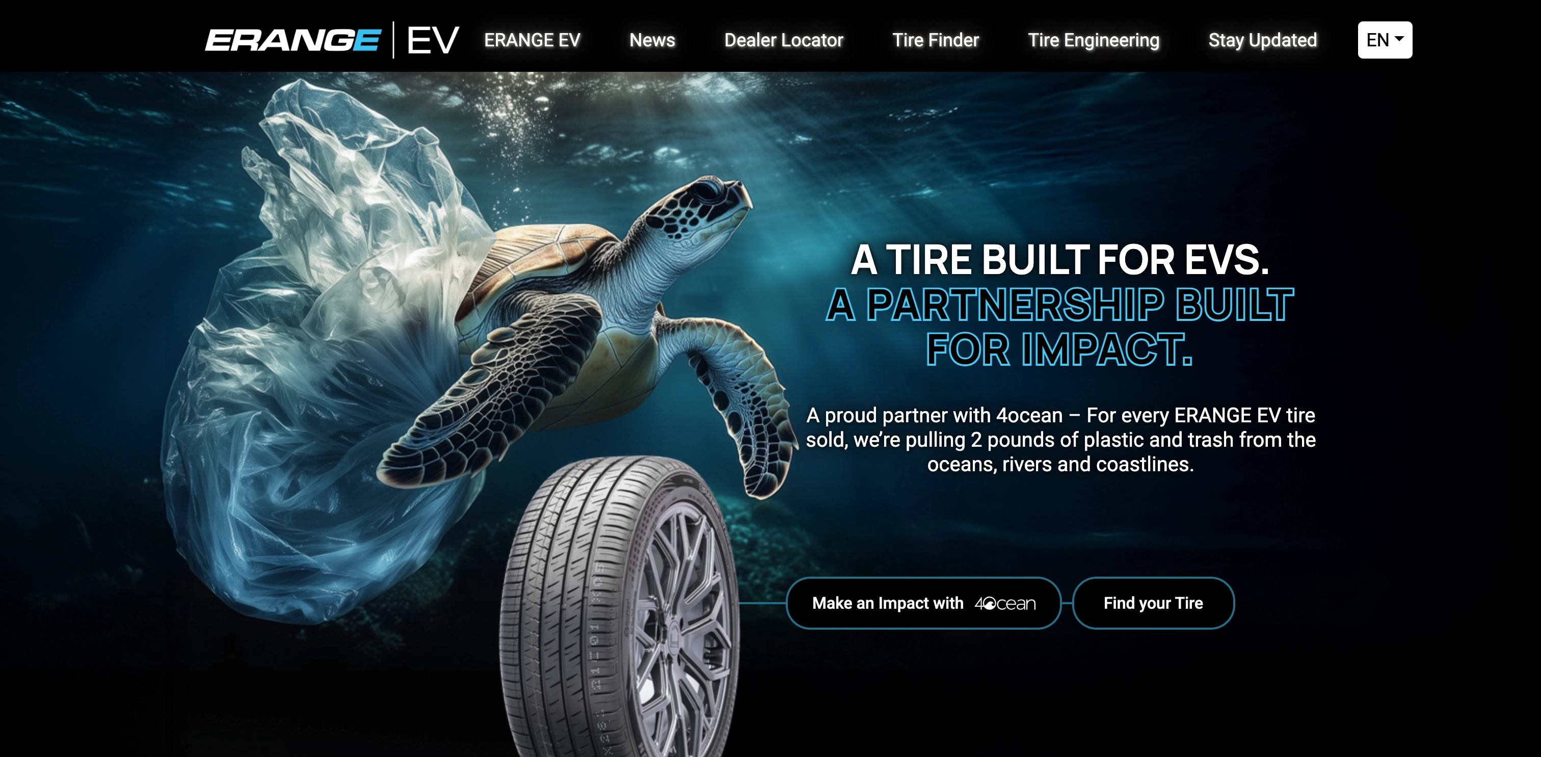 Before: ERANGE EV homepage with a turtle, plastic-ocean imagery, a tire and 4ocean partnership messaging