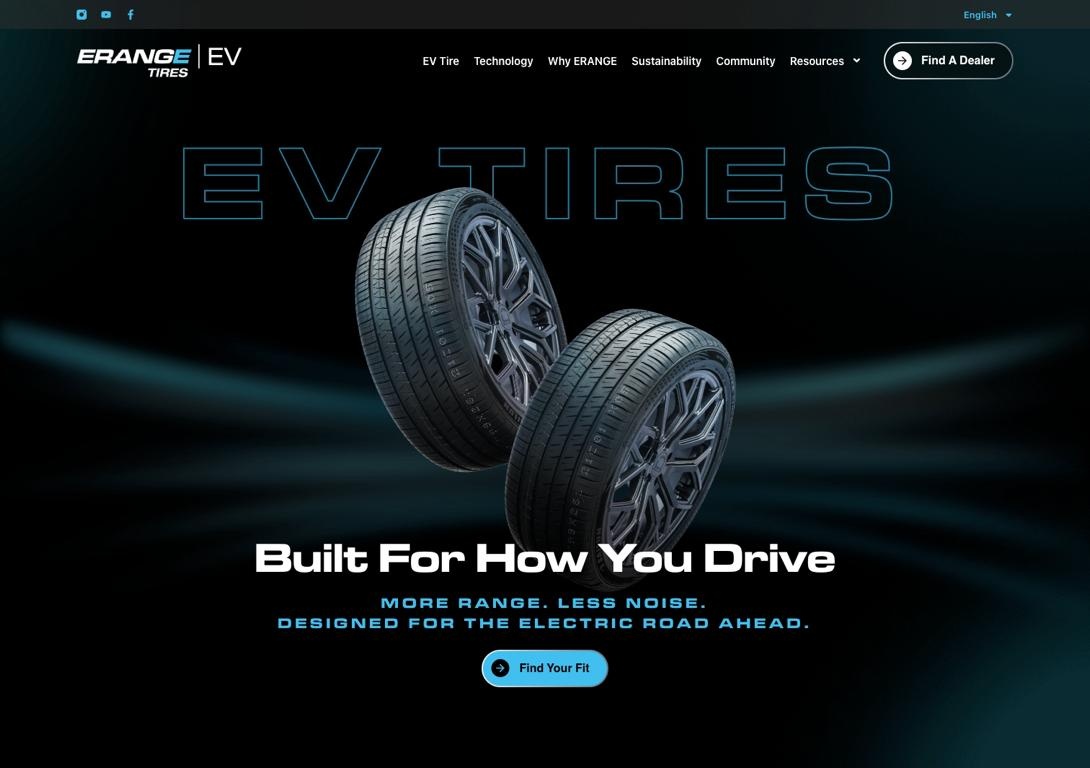 Redesigned ERANGE homepage with EV Tires lettering, two tires and the Built For How You Drive message