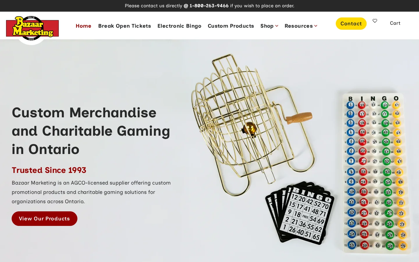 Bazaar Marketing homepage showing charitable gaming equipment