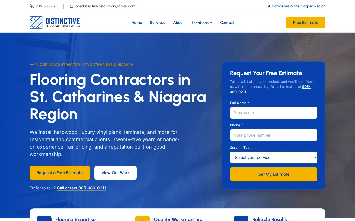 Distinctive Flooring Installations homepage with a flooring image and free estimate form