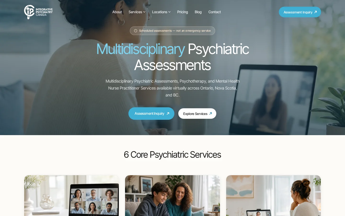 Integrative Psychiatry Canada homepage showing a virtual psychiatric assessment scene