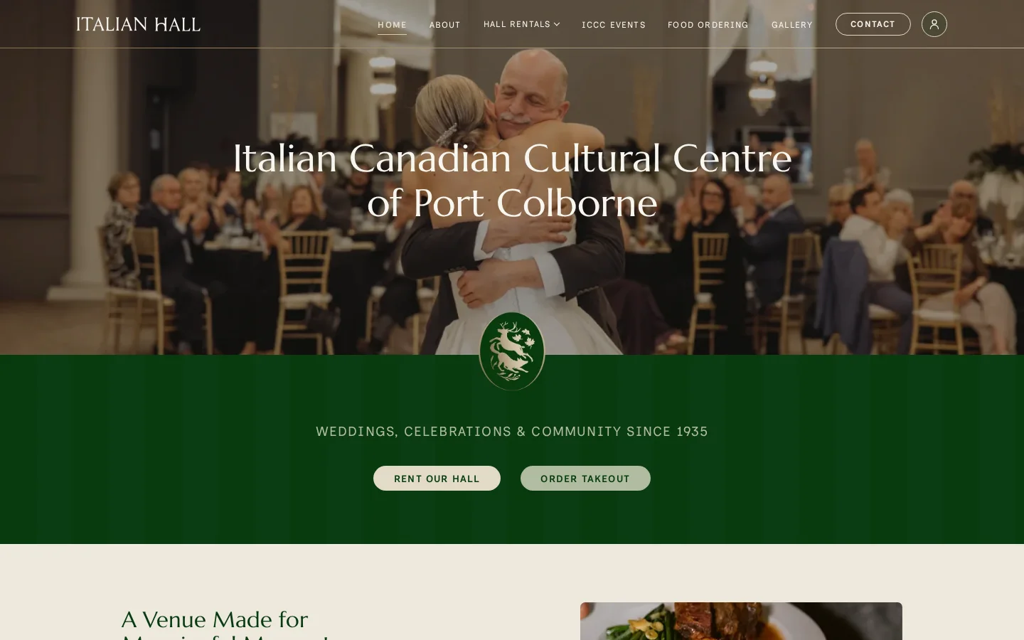 Italian Hall homepage showing a wedding reception at the Italian Canadian Cultural Centre of Port Colborne