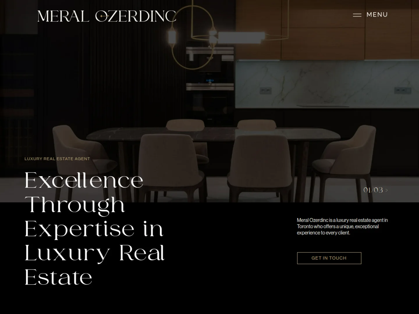 Meral Ozerdinc homepage with a dark luxury real estate interior