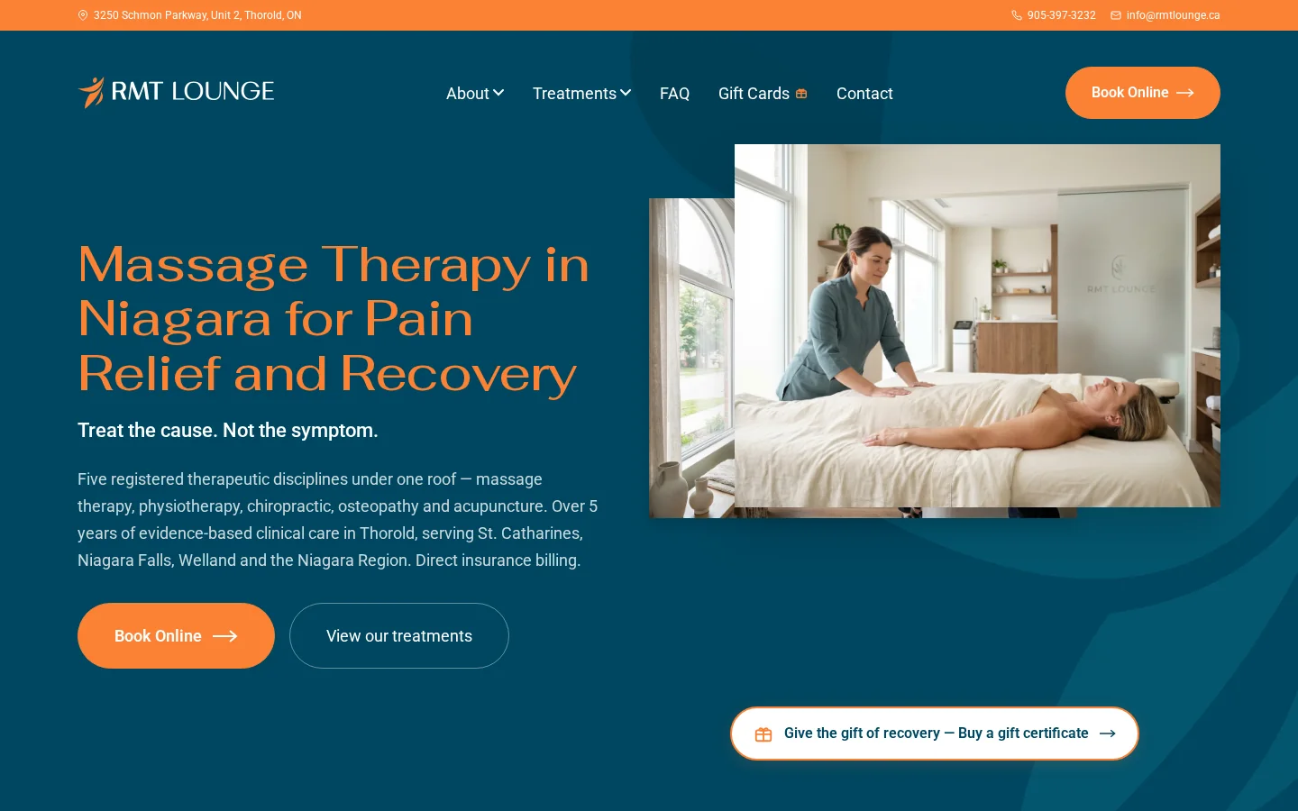 RMT Lounge homepage showing a massage therapy treatment room