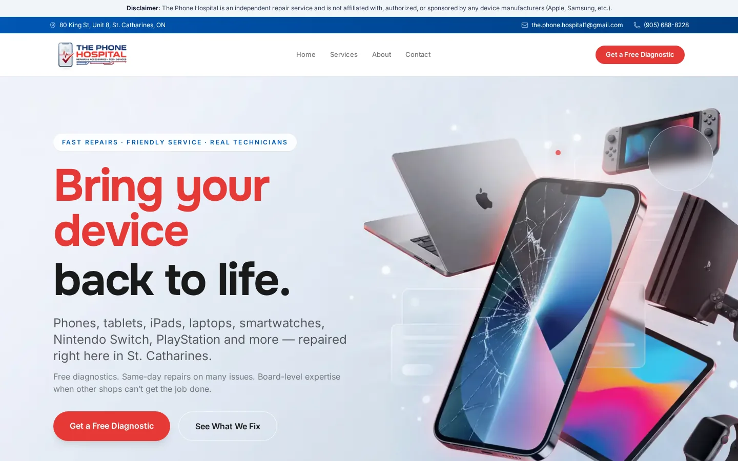 The Phone Hospital homepage with phones, laptops and game consoles
