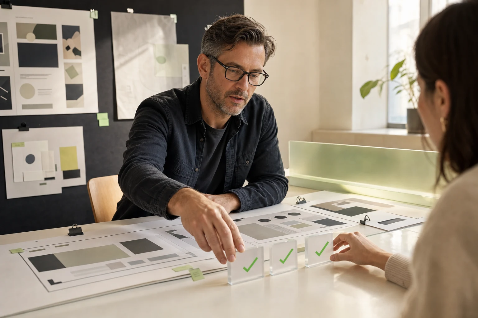 Experto en marketing revisando materiales de campaña y decisiones de aprobación con un colega