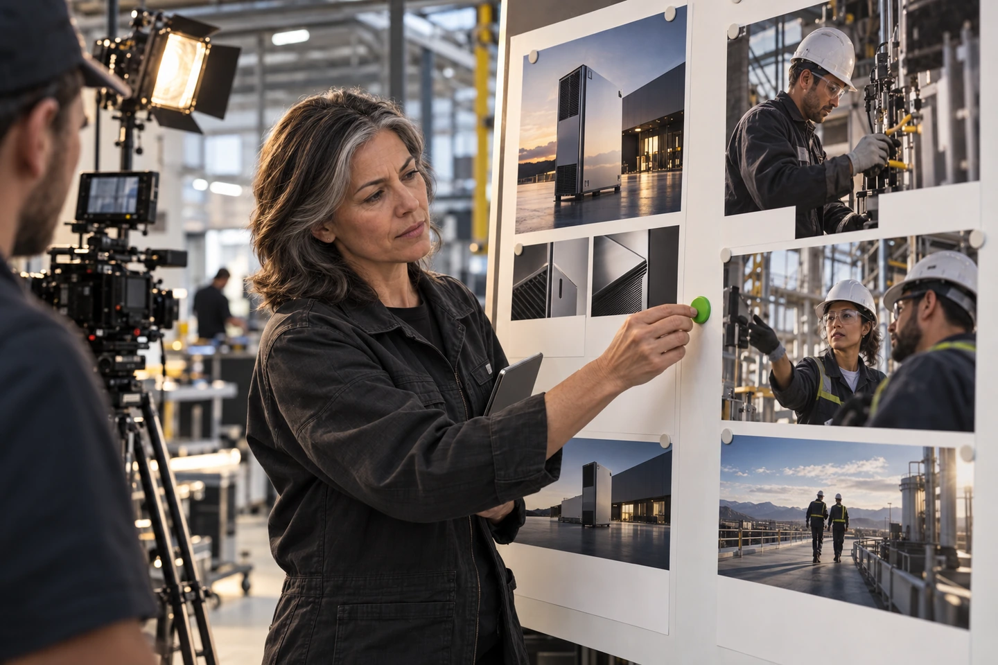 Conceptual editorial scene of a marketer comparing two campaign directions in an active production workspace.