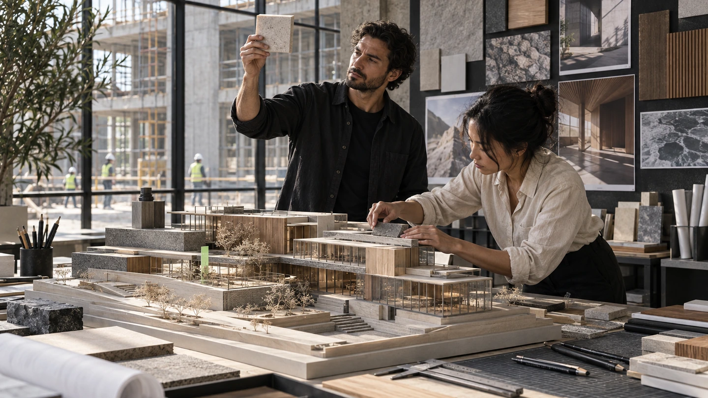 Escena editorial conceptual de un equipo que revisa una maqueta arquitectónica y materiales de identidad.