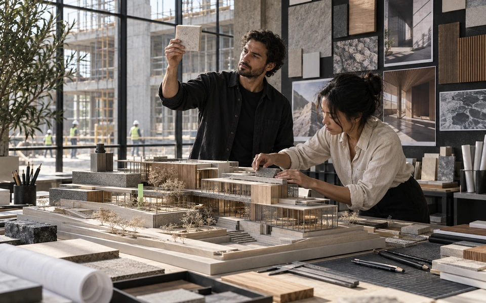 Conceptual editorial scene of a team reviewing an architecture model and identity materials.