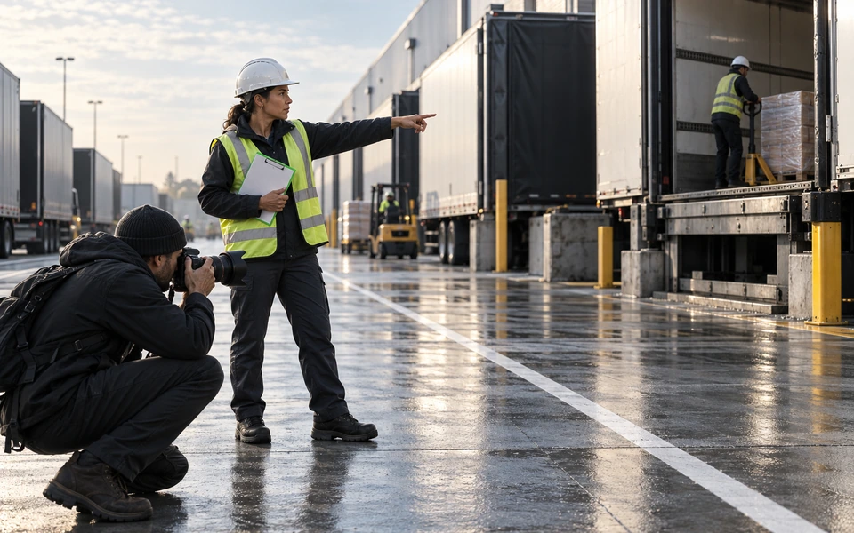 Conceptual editorial scene of a crew documenting logistics operations on an active loading dock.