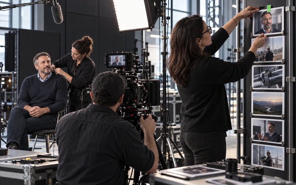 Conceptual editorial scene of a team turning a filmed expert interview into a connected campaign sequence.
