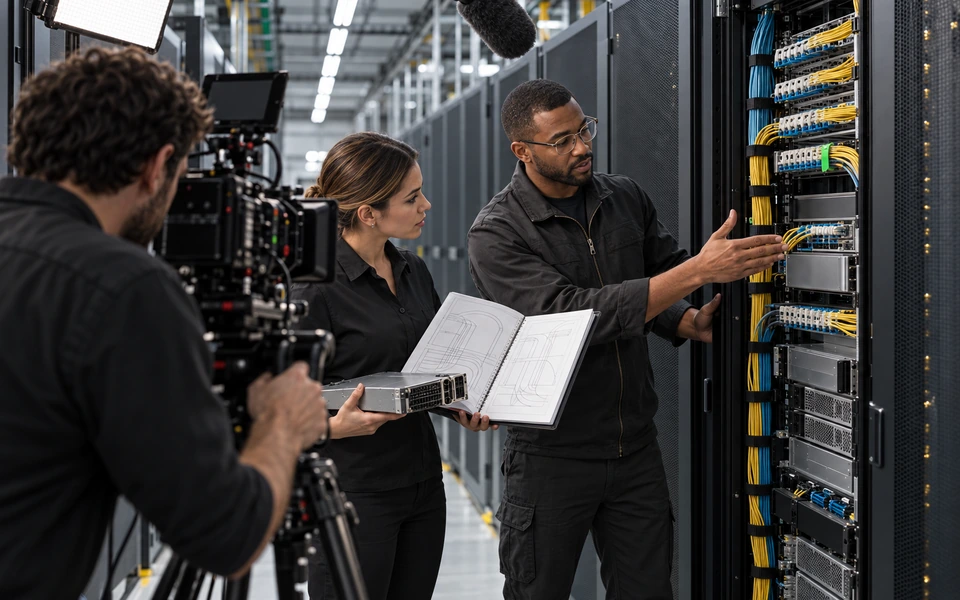 Conceptual editorial scene of a cybersecurity expert being filmed beside secure infrastructure.