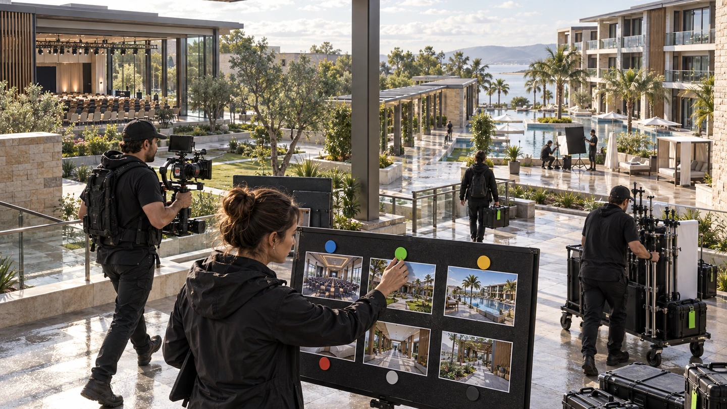 Conceptual editorial scene of a hospitality production crew coordinating content across a multi-zone property.