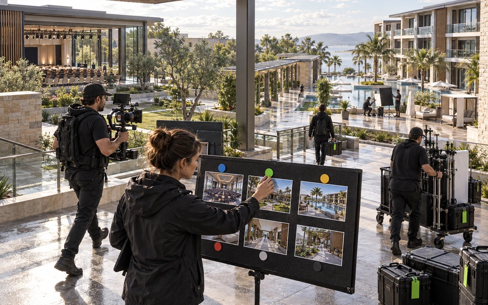 Conceptual editorial scene of a hospitality production crew coordinating content across a multi-zone property.