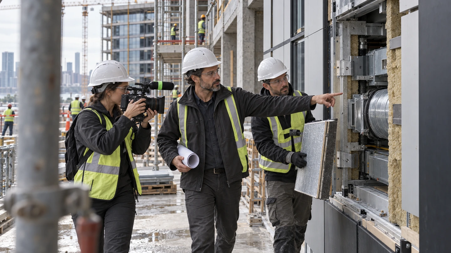 Conceptual editorial scene of a crew capturing an expert explanation at an architecture site.