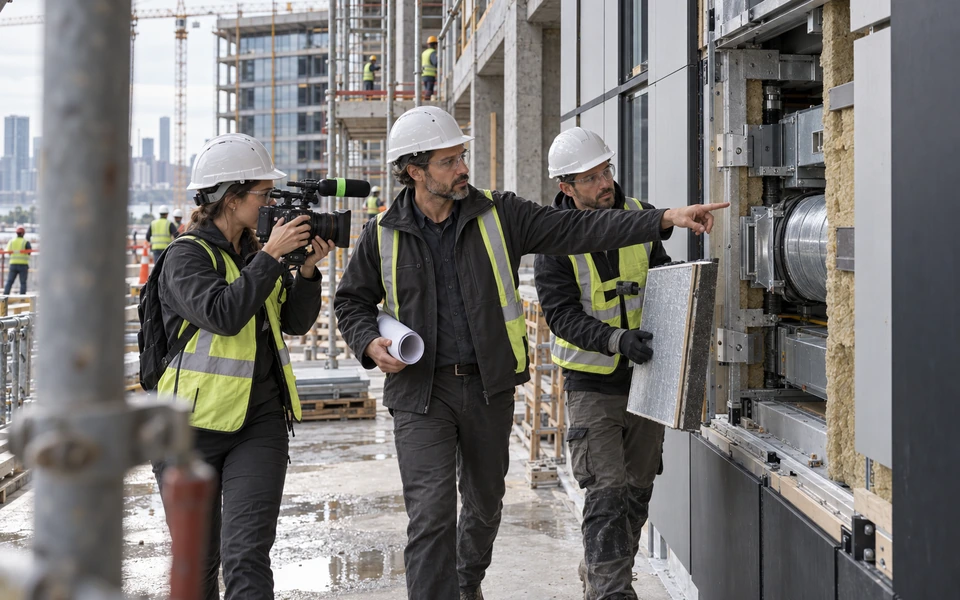 Conceptual editorial scene of a crew capturing an expert explanation at an architecture site.
