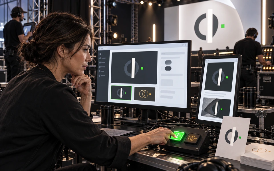 Conceptual editorial scene of a product marketer approving a campaign direction during a SaaS launch rehearsal.