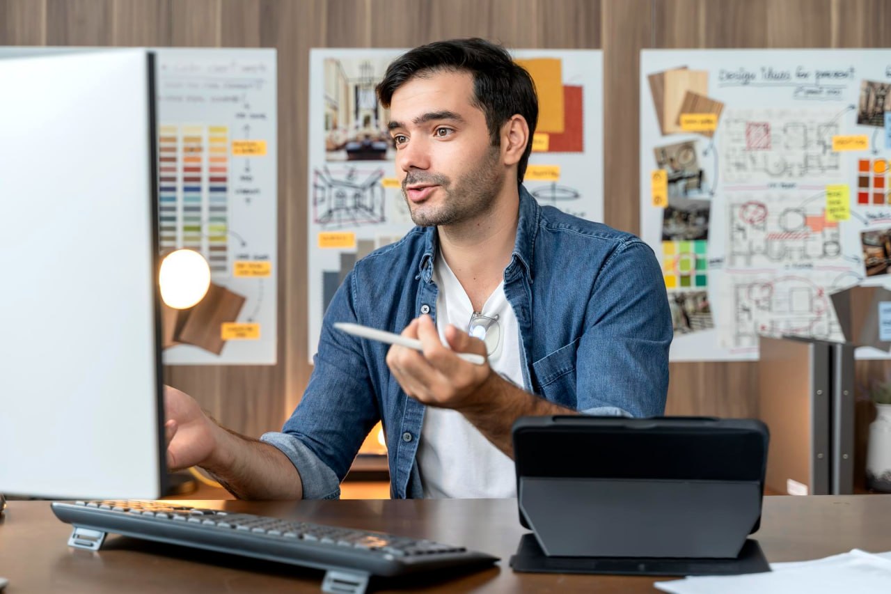 Experto en marketing guiando una revisión en vivo desde su espacio de trabajo