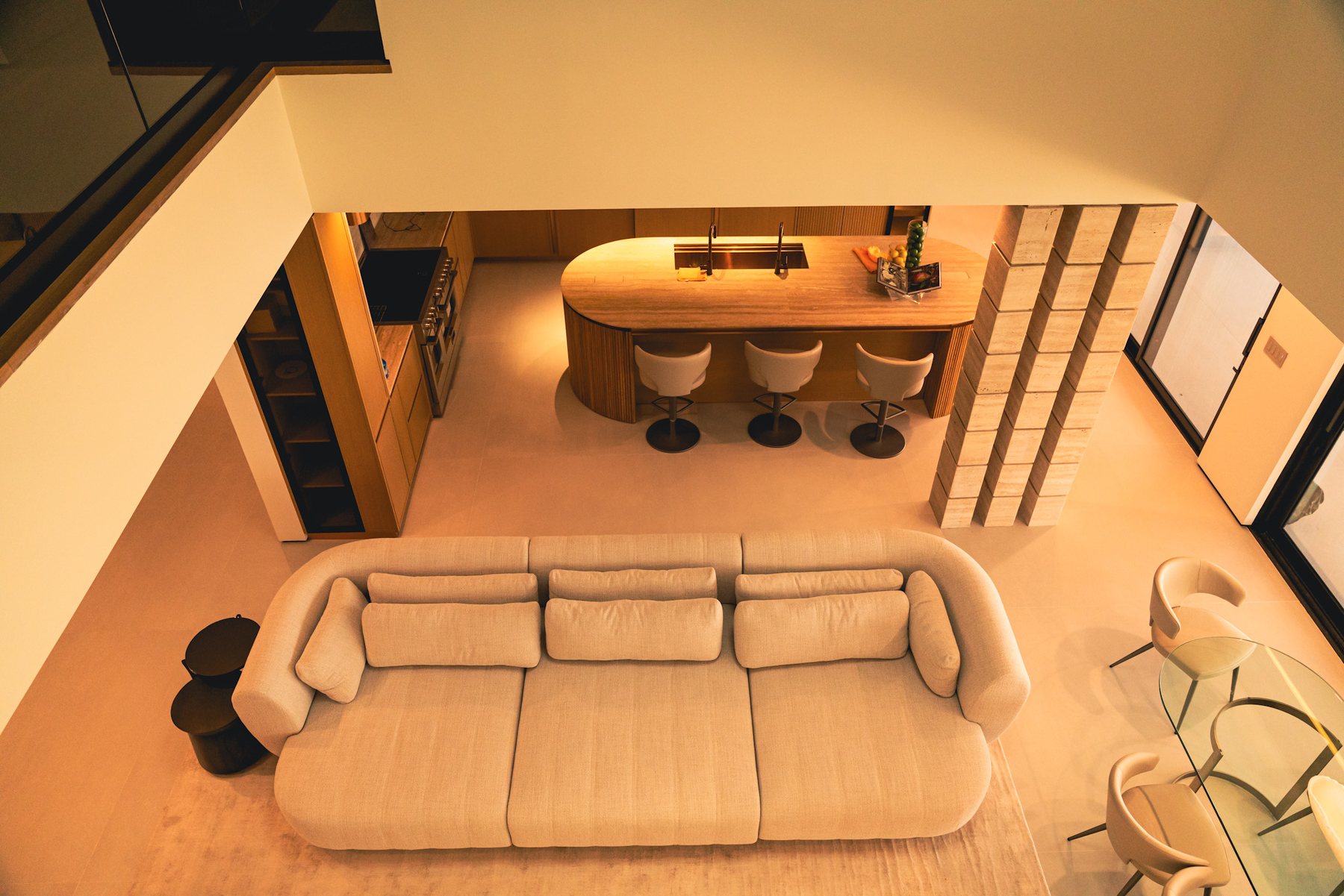 Living and dining spaces viewed from above to reveal the plan