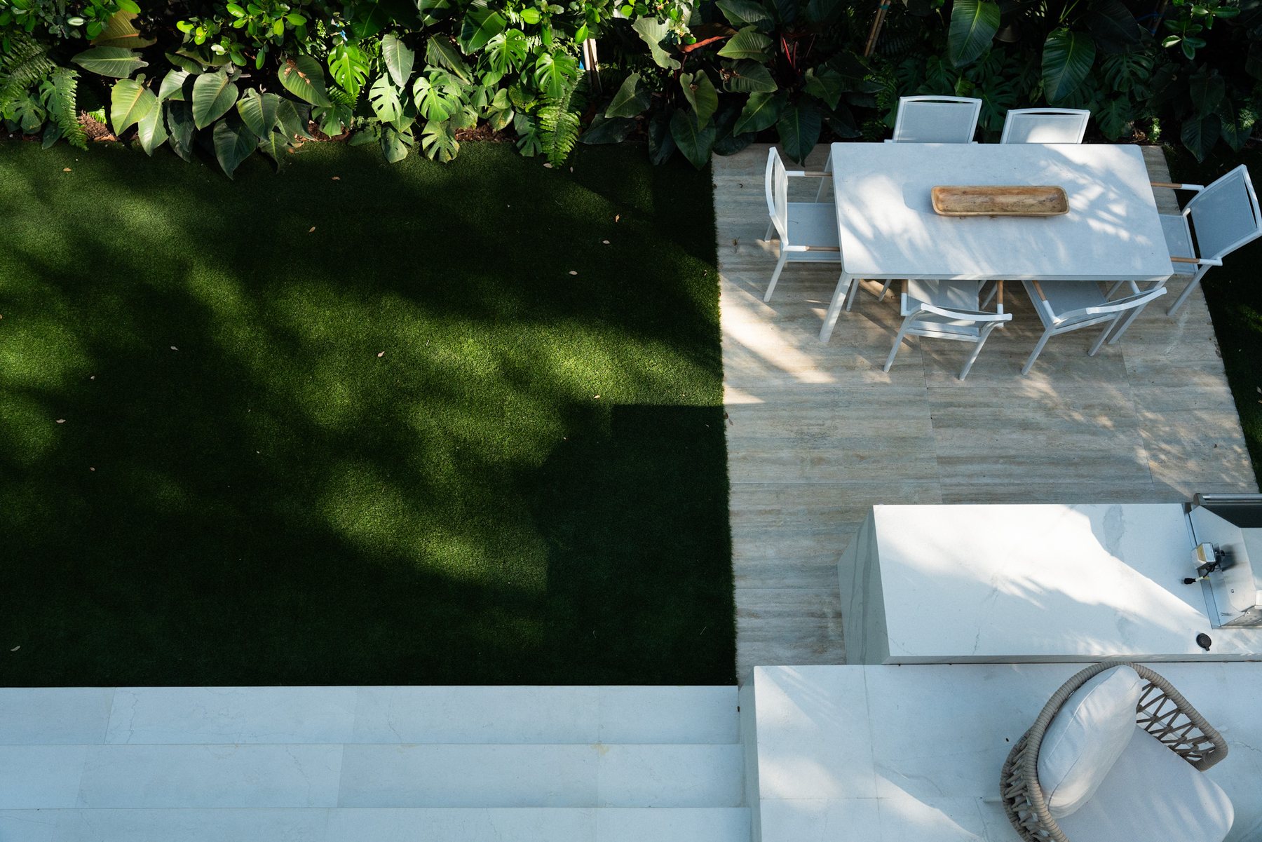 Pool courtyard and outdoor seating seen from above