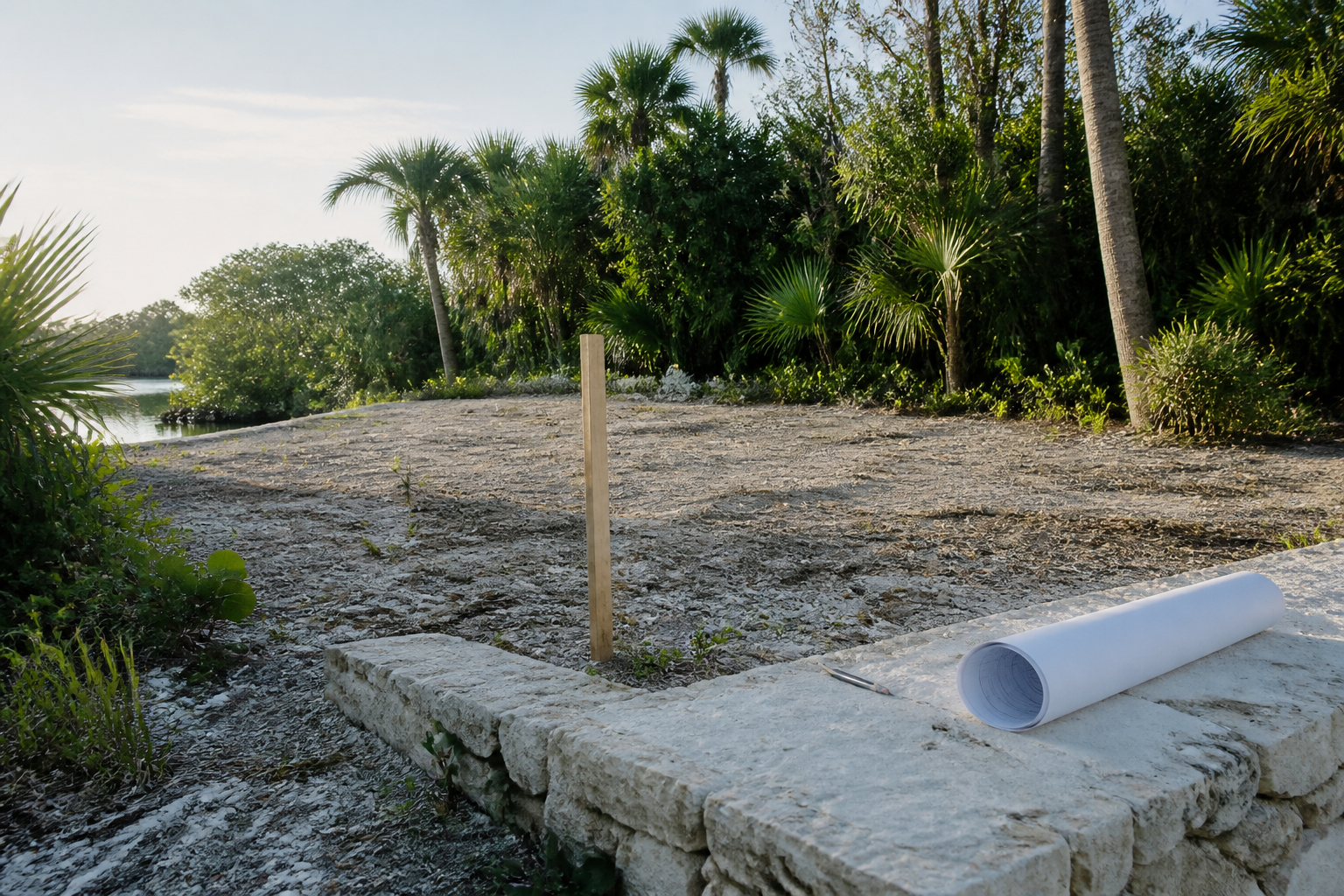 South Florida development site with subtropical planting, sandy ground, a survey stake, and an unlabelled rolled site drawing in morning light.