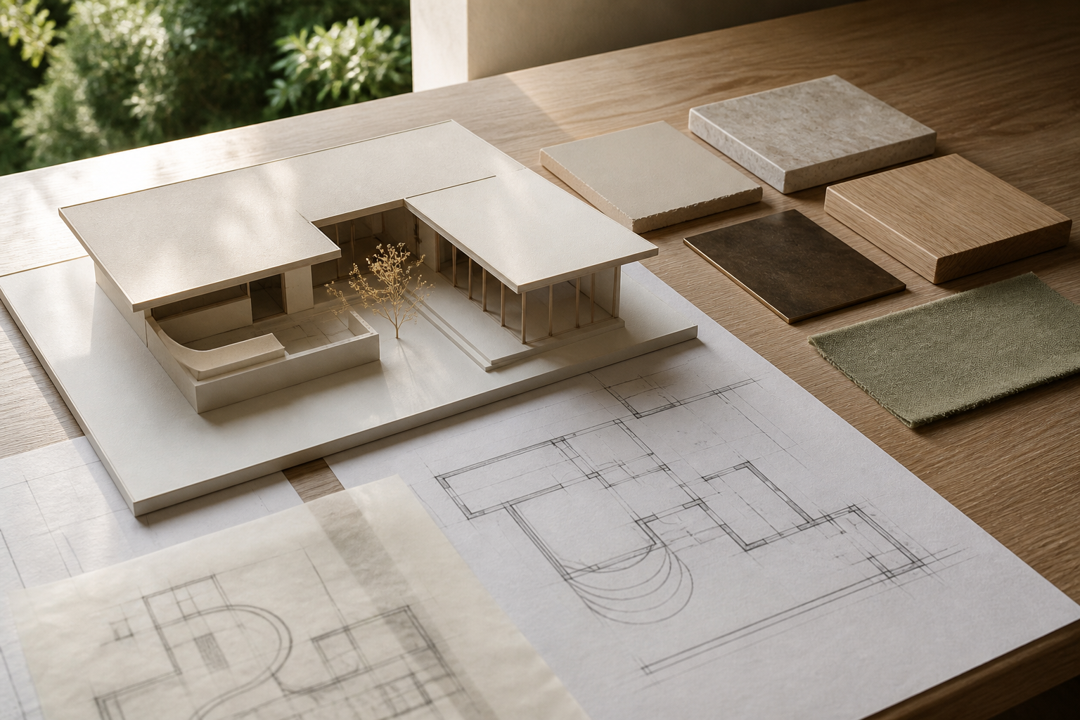 Architectural plans, a massing model, tracing overlays, and restrained material samples arranged on a daylight worktable.
