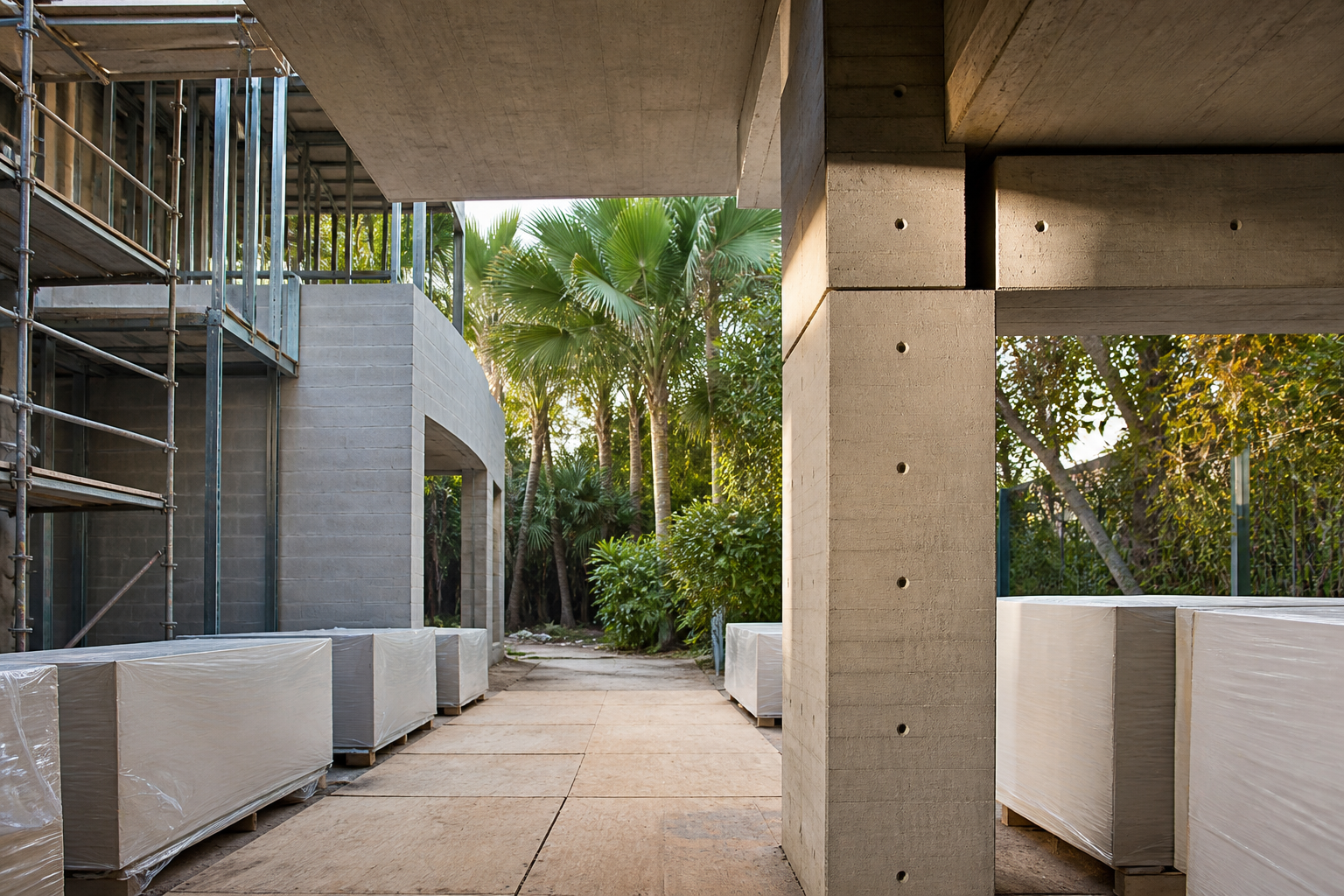 Orderly South Florida residence under construction with concrete volumes, structural framing, scaffolding, and a courtyard axis.