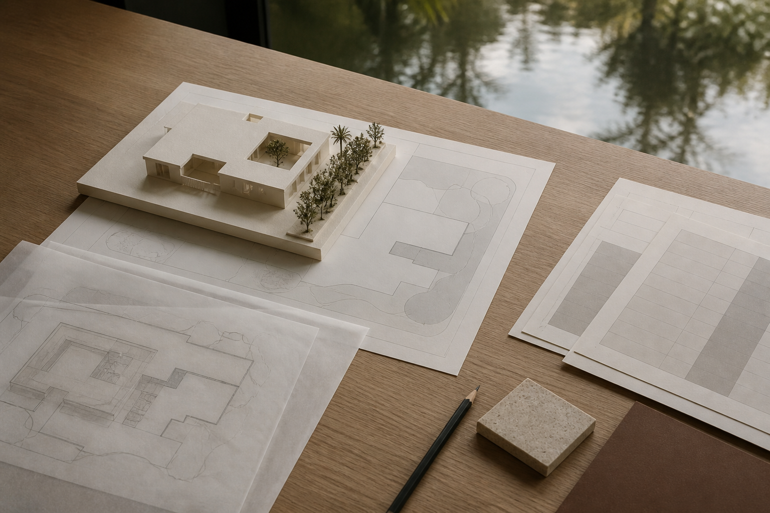 Site plan, scale model, scenario overlays, and abstract budget sheets arranged on a calm underwriting desk.