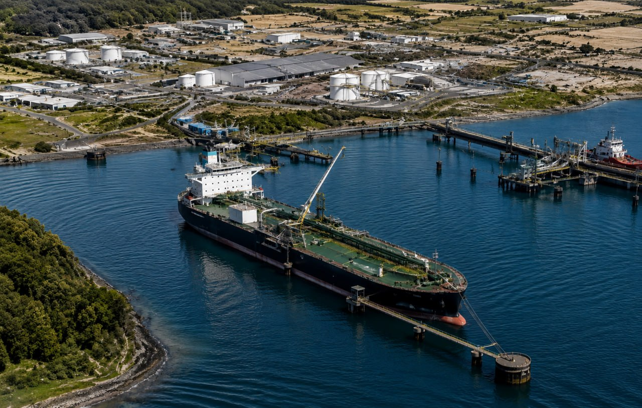 Vista aérea de un terminal portuario con infraestructura industrial y operaciones marítimas conectadas.