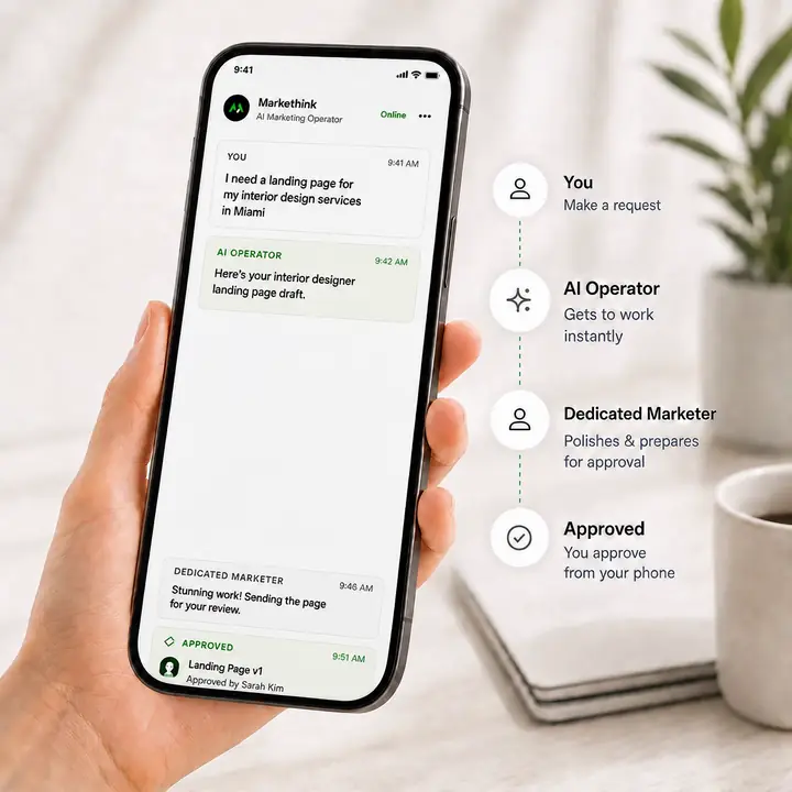 Animated Markethink phone workflow showing a request moving from AI operator to dedicated marketer and approval